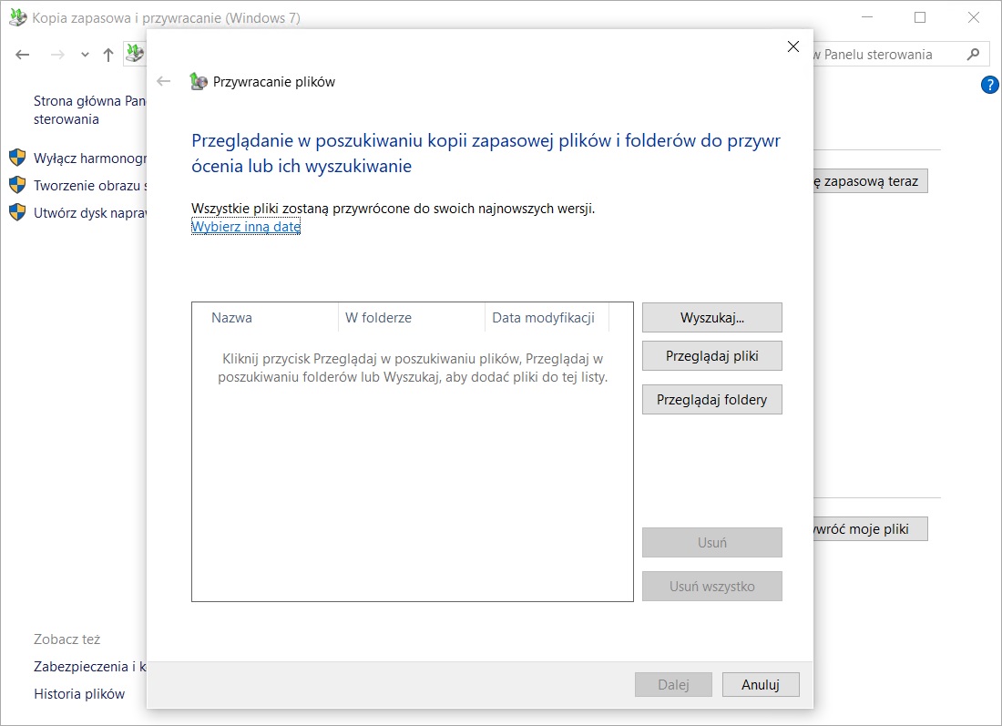 Panel sterowania-System i zabezpieczenia-Kopia zapasowa i przywracanie (Windows 7)-Przywróć moje pliki-2