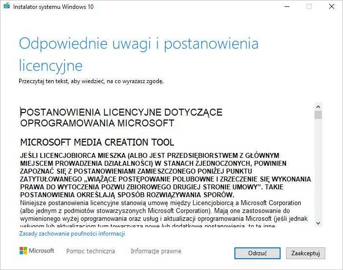 Instalator systemu Windows 10—Odpowiednie uwagi i postanowienia licencyjne