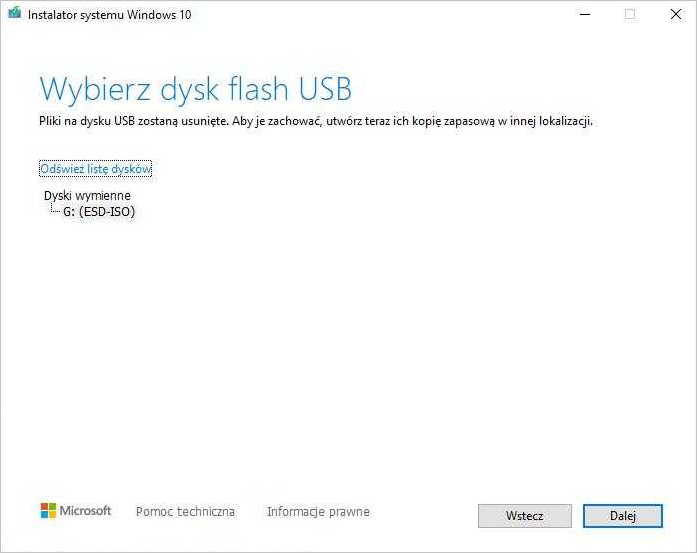 Instalator systemu Windows 10_Wybierz dysk flash USB