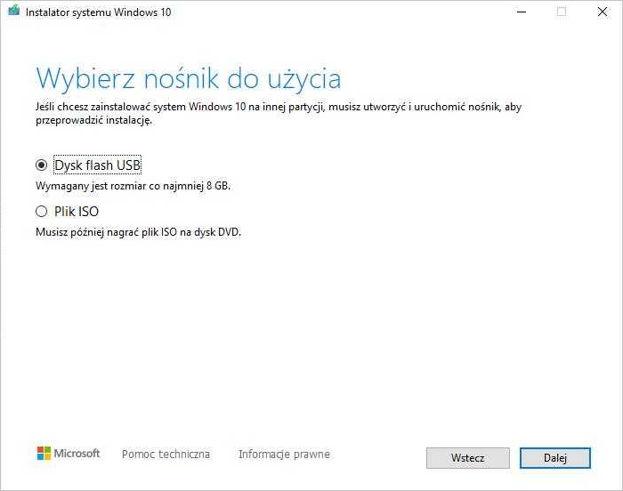 Instalator systemu Windows 10—Wybierz nośnik do użycia