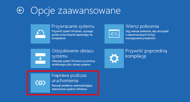 Opcje zaawansowane Naprawa podczas uruchomienia
