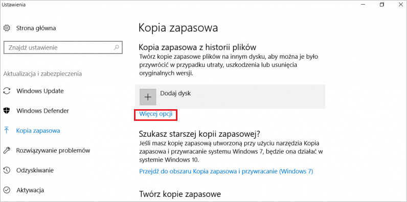Ustawienia Windows Kopie zapasowa