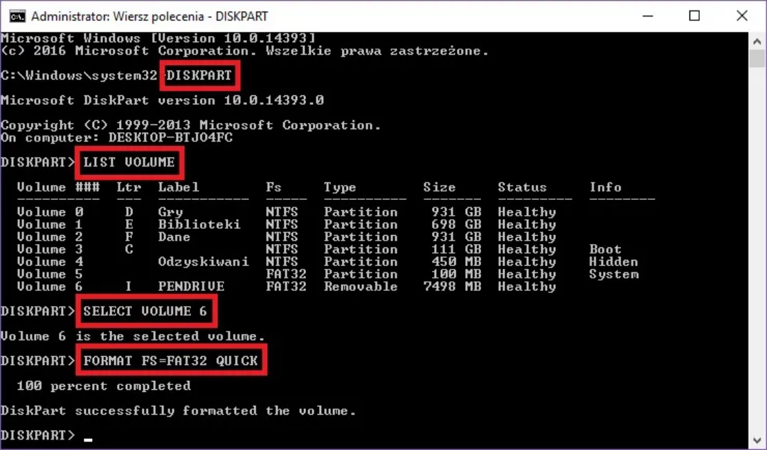 CMD - Szybki format do fat32