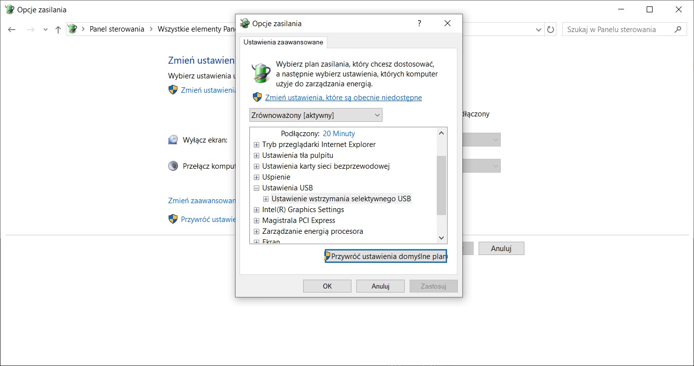 panel sterowania-Opcje zasilania-Zmień ustawienia planu-Zmień zaawansowane ustawienia zasilania-Ustawienia selektywnego wstrzymywania USB