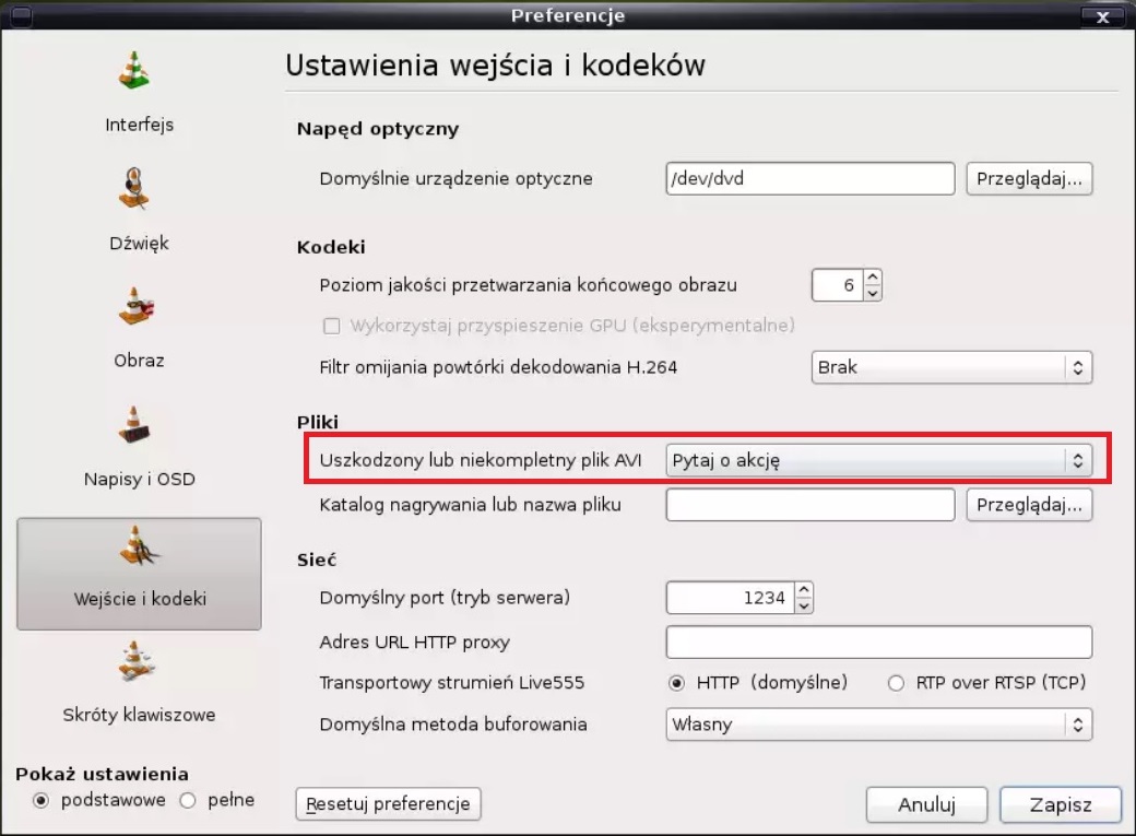 VLC - Narzędzia - Preferencje 2