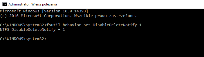 cmd fsutil behavior set disabledeletenotify 1 