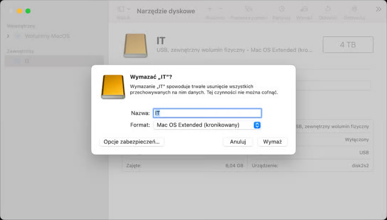 Mac-Narzędzia dyskowe-Wymaż-Forma