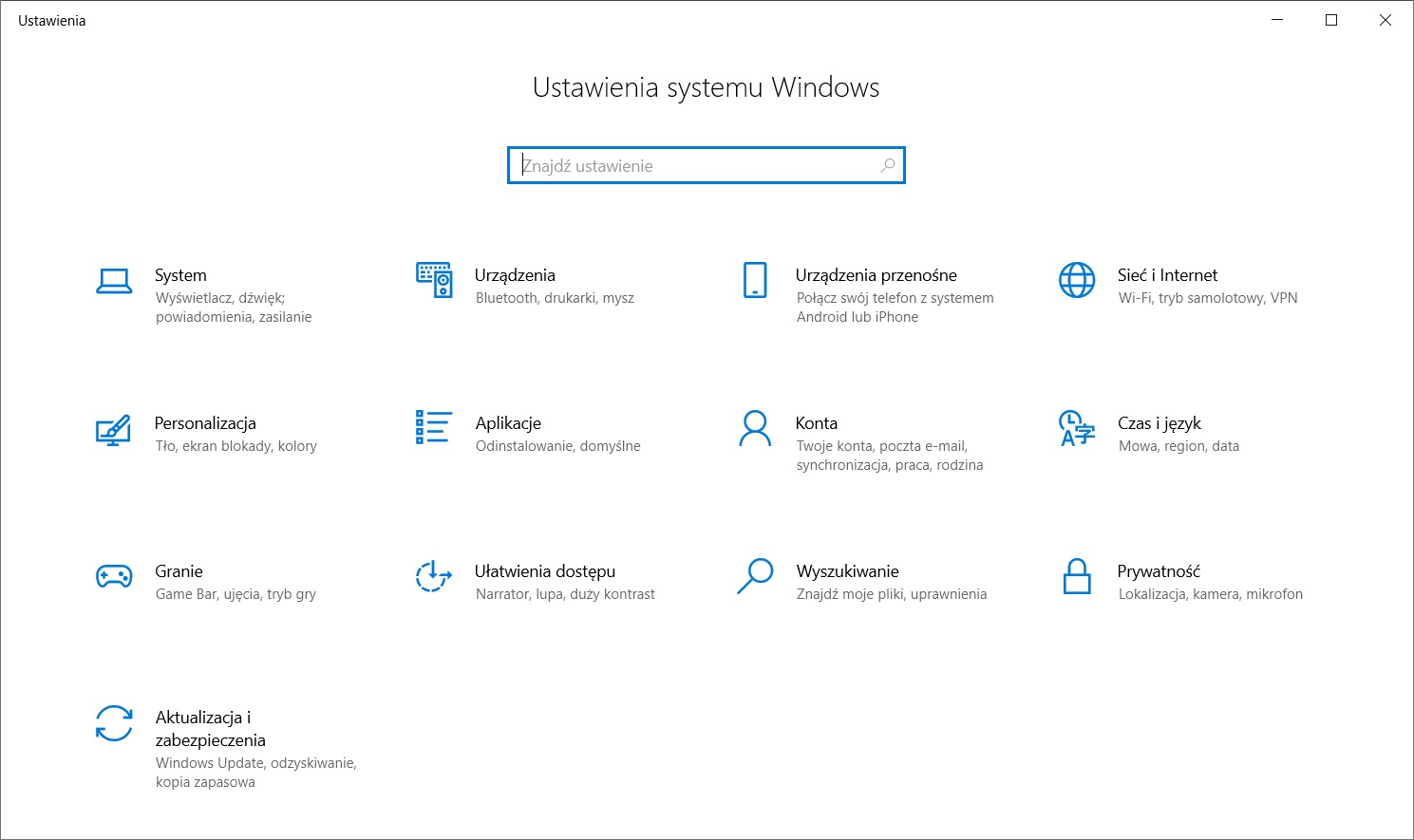 Ustawienia” > „Aktualizacje i zabezpieczenia