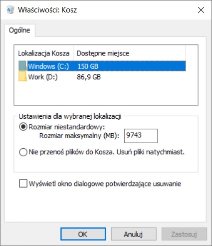 W przypadku wyłączonego kosza