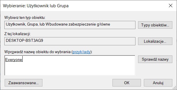 Właściwości dysku-Bezpieczeństwo-Zaawansowane-Zmień-Sprawdź nazwy