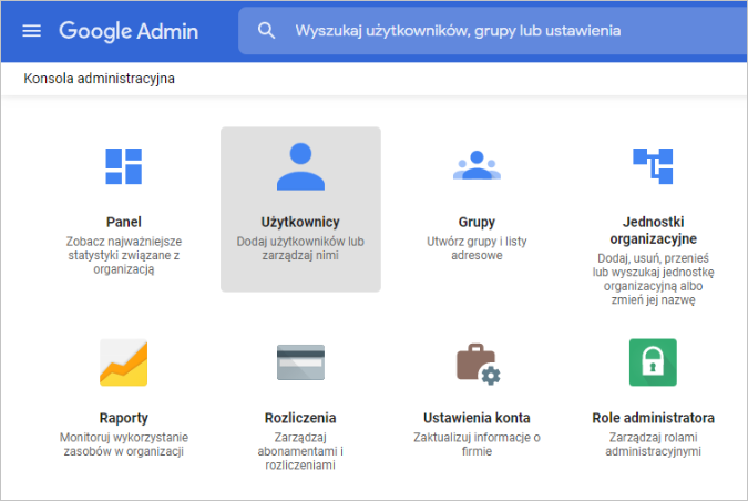 Google Admin Console „Użytkownicy” 