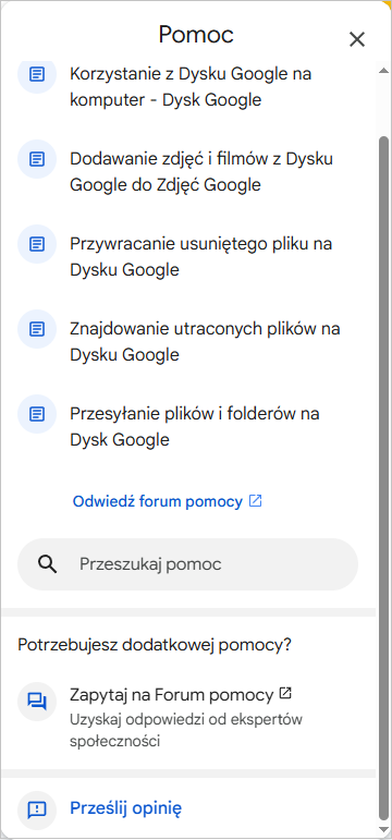 google drive „Pomoc” Prześlij opinię