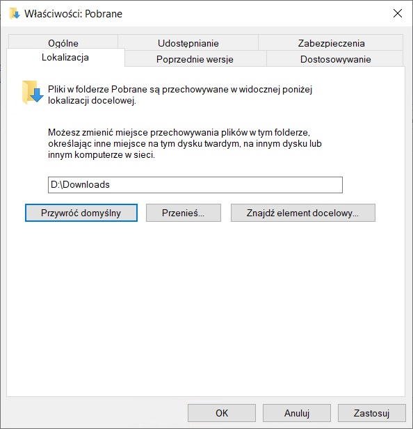Pobierz folder - Właściwości - Lokalizacja - Przenieś