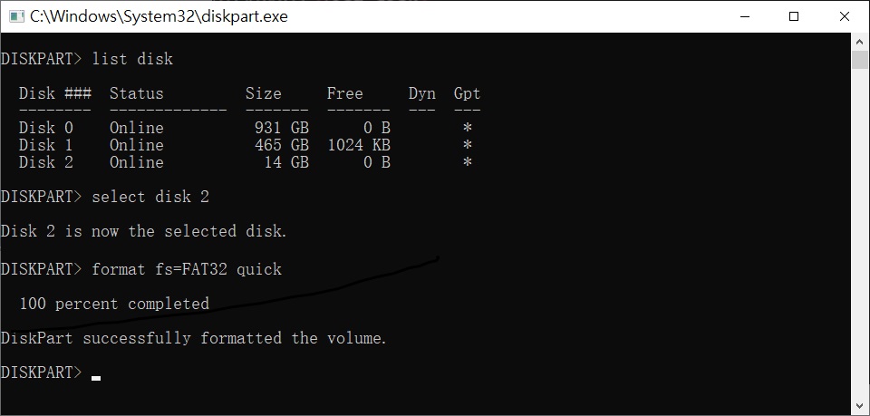 format fs=FAT32 quick